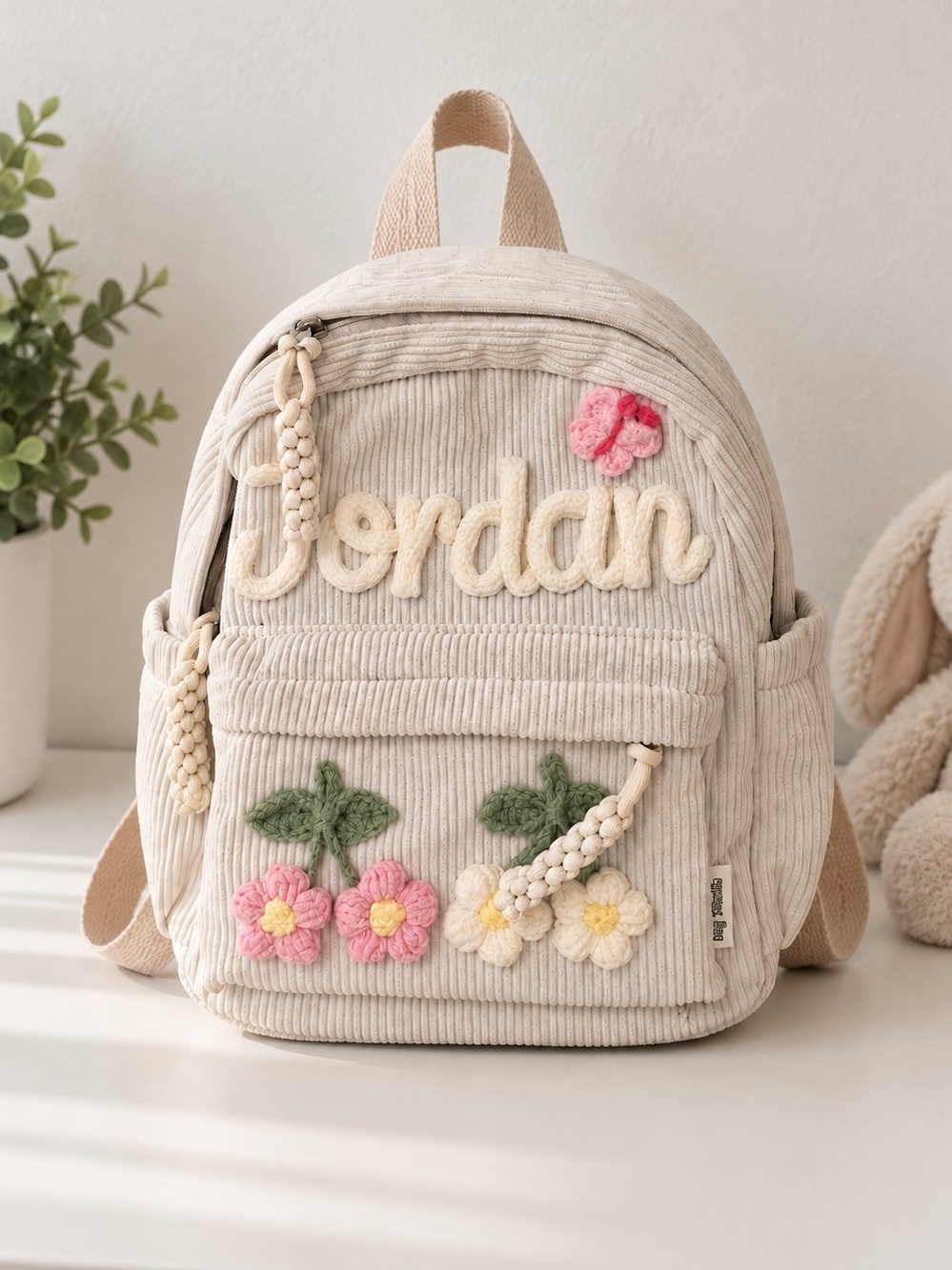 Kids Cream Corduroy Personalized Backpack with Pink & Yellow Flower Accents